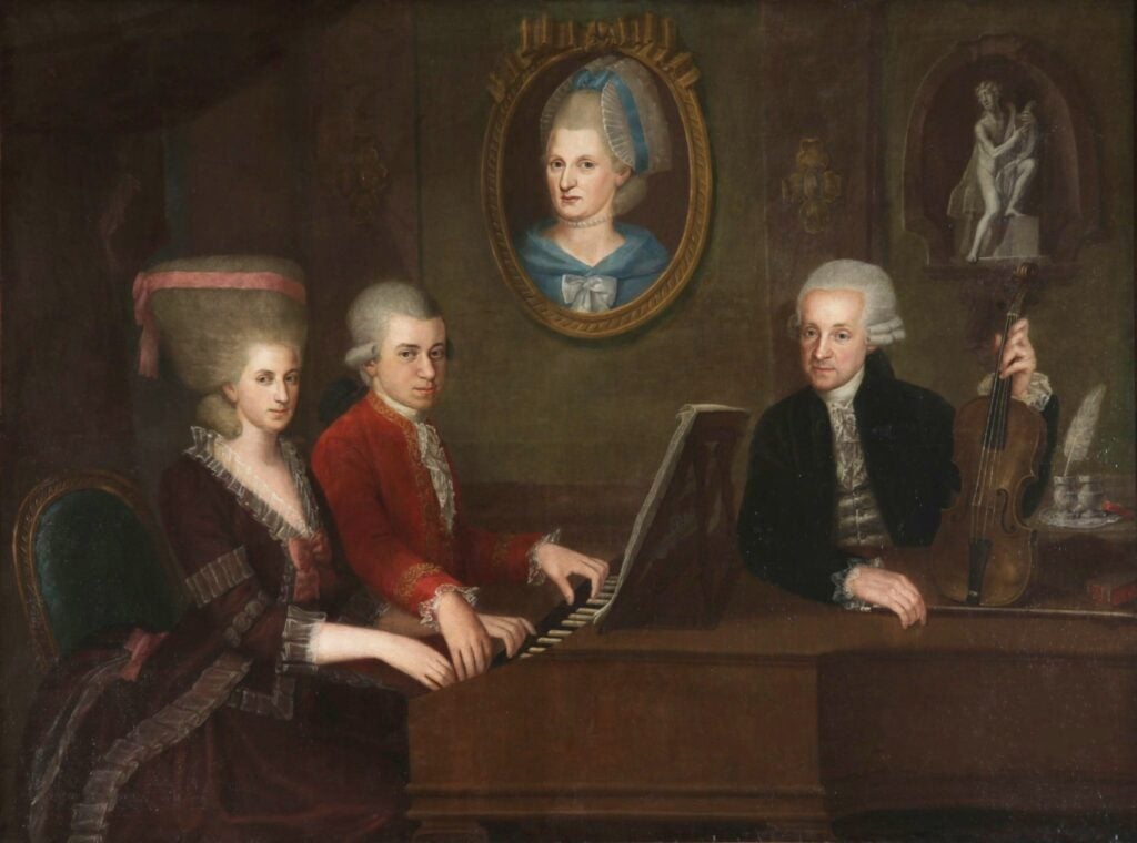 Johann Nepomuk della Croce, “Mozart family,” oil on canvas circa 1780. The painting depicts sister Maria Anna ("Nannerl") seated next to Wolfgang at the piano; mother Anna Maria in a painting hanging from the wall; and father Leopold Mozart resting his arm on the piano and holding a violin. 