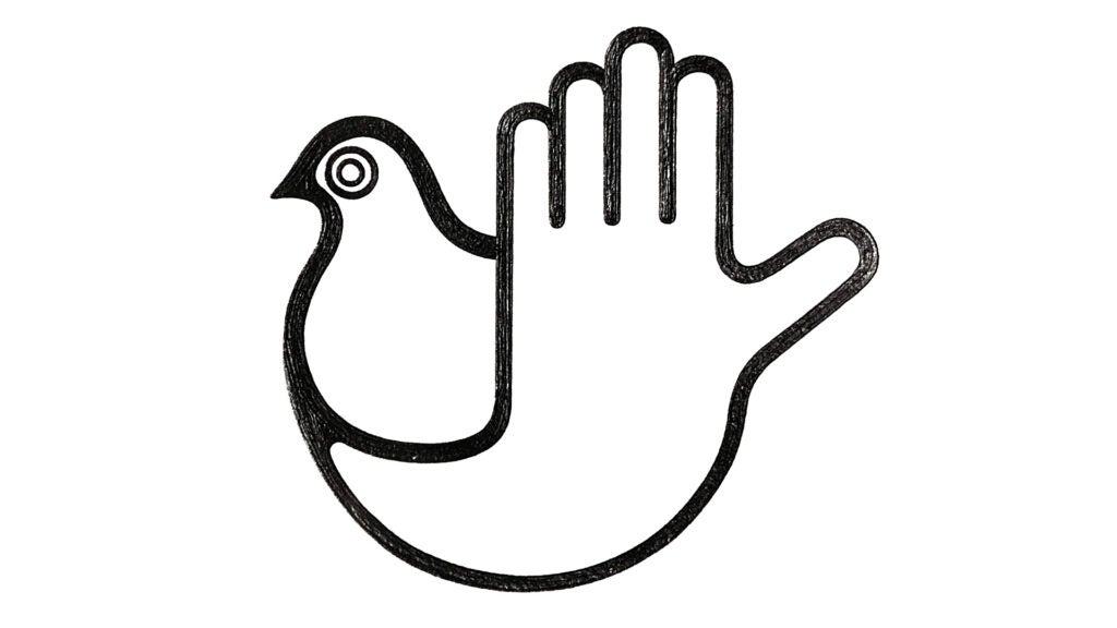 Moscow Trust Group logo (detail), circa 1980s. Description: Illustration depicting an open hand, held out to signal “stop,” that is blended into a picture of a dove. 