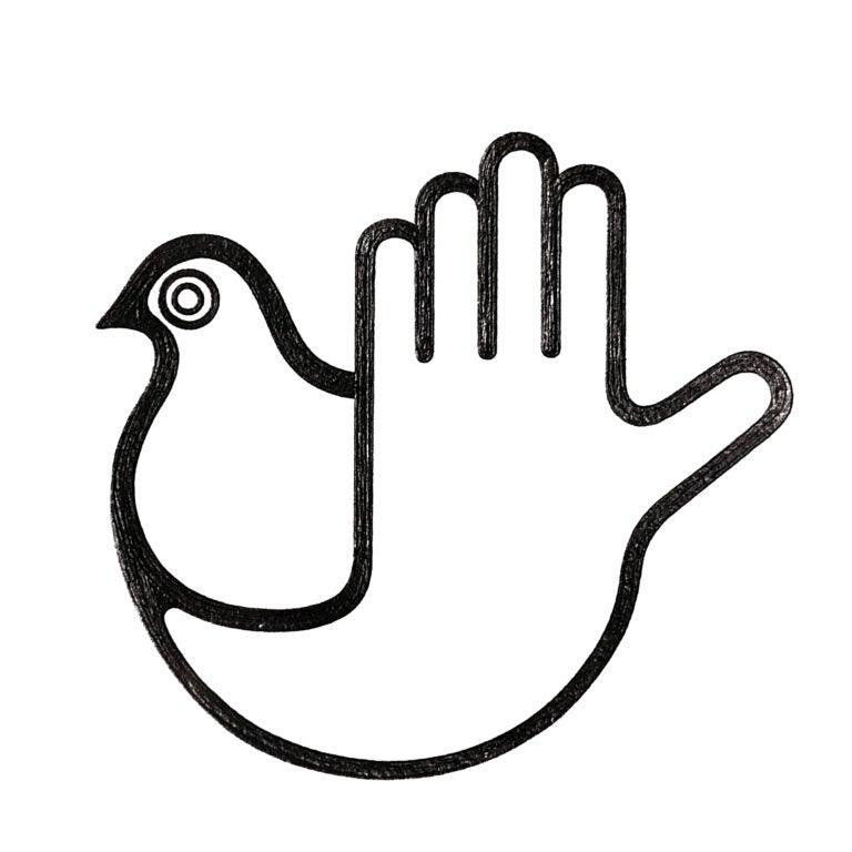 Moscow Trust Group logo (detail), circa 1980s. Description: Illustration depicting an open hand, held out to signal “stop,” that is blended into a picture of a dove.