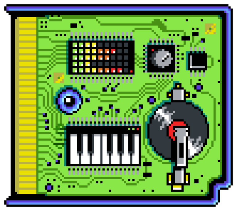 Pixel art game cartridge with music equipment