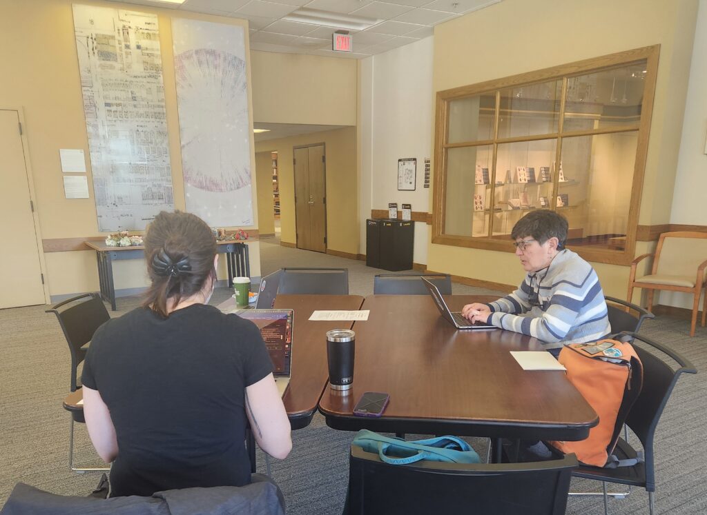 Two people sit at a table working on laptops, supplied with drinks and snacks.