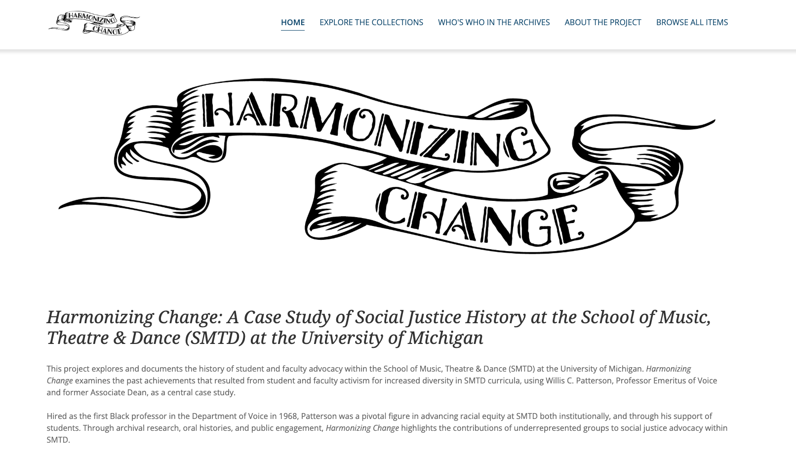 A webpage with a black-and-white illustrated banner reading Harmonizing Change in ribbon-like letters, and below, text introducing a case study about social justice at the University of Michigans School of Music, Theatre & Dance.