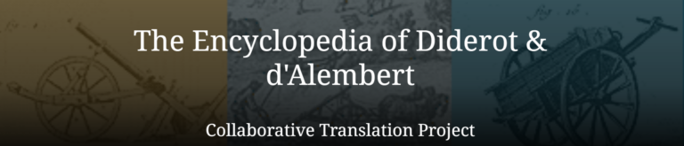 Banner with the text The Encyclopedia of Diderot & dAlembert Collaborative Translation Project over faded sketches of historical machines in the background.